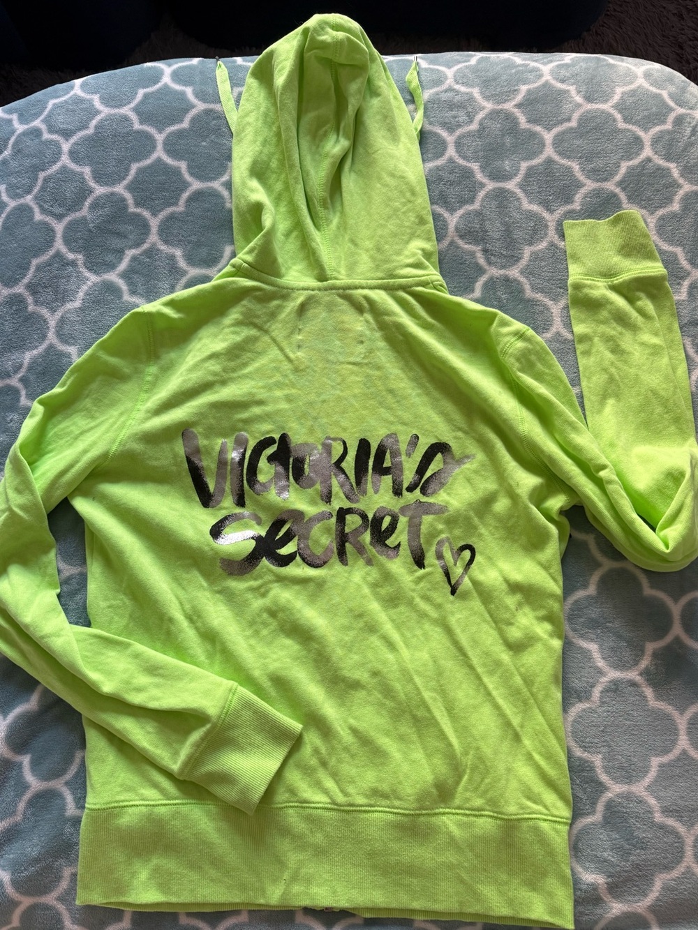 Victoria's Secret Neon Lime Zip Up Hoodie with Metallic Script